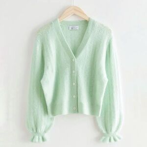 & Other Stories Ruffle Cuff Alpaca Blend Knit Cardigan Mint Green Size Large